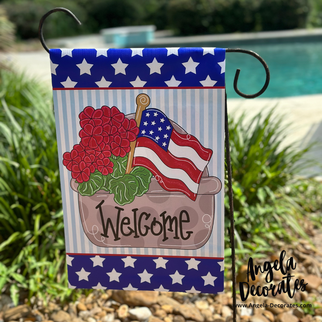 Patriotic Geranium Basket Garden Flag